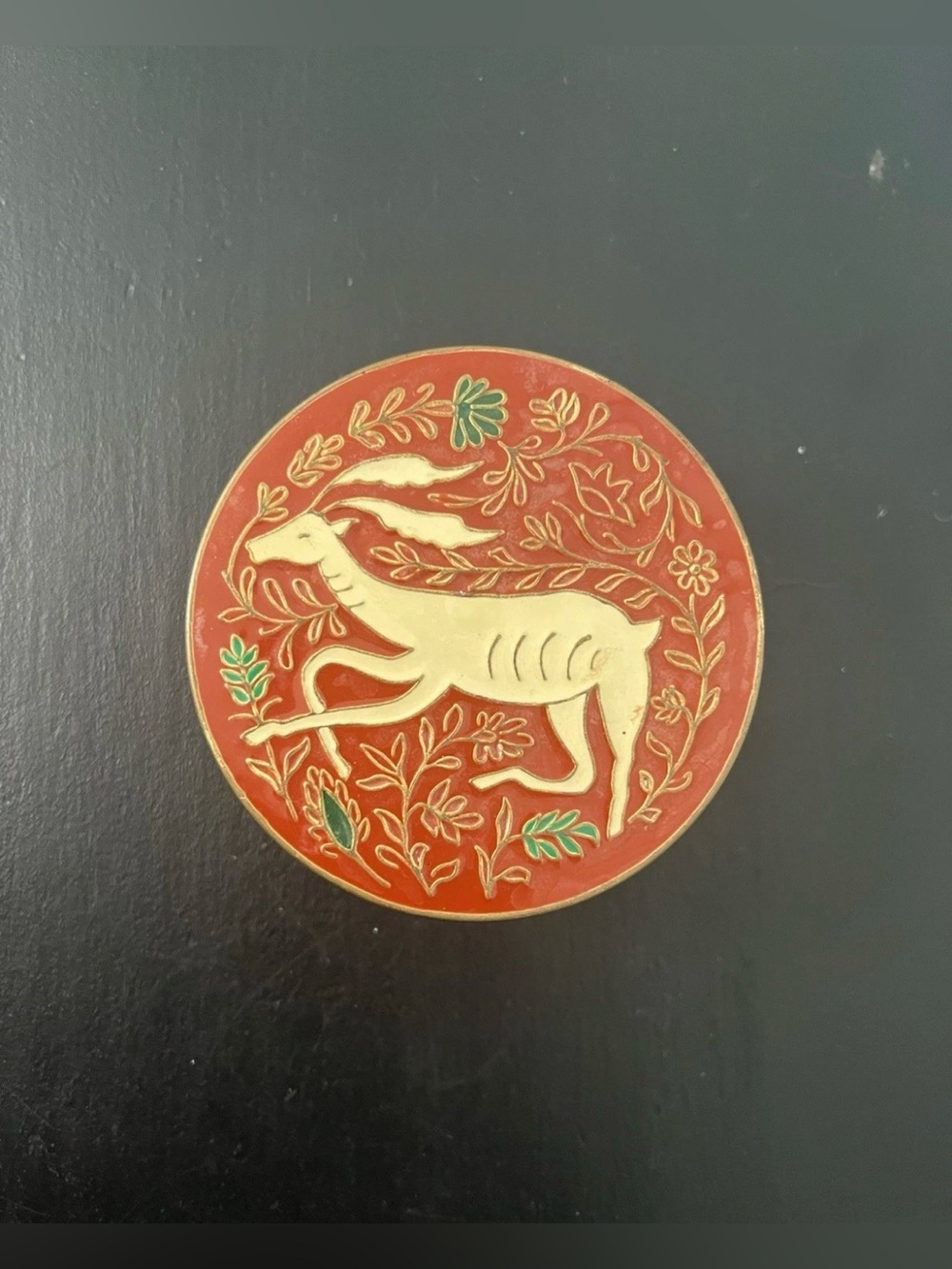 Vintage Brass Deer Trinket Box Red Enamel Jewelry Box Cottagecore Lodge Decor